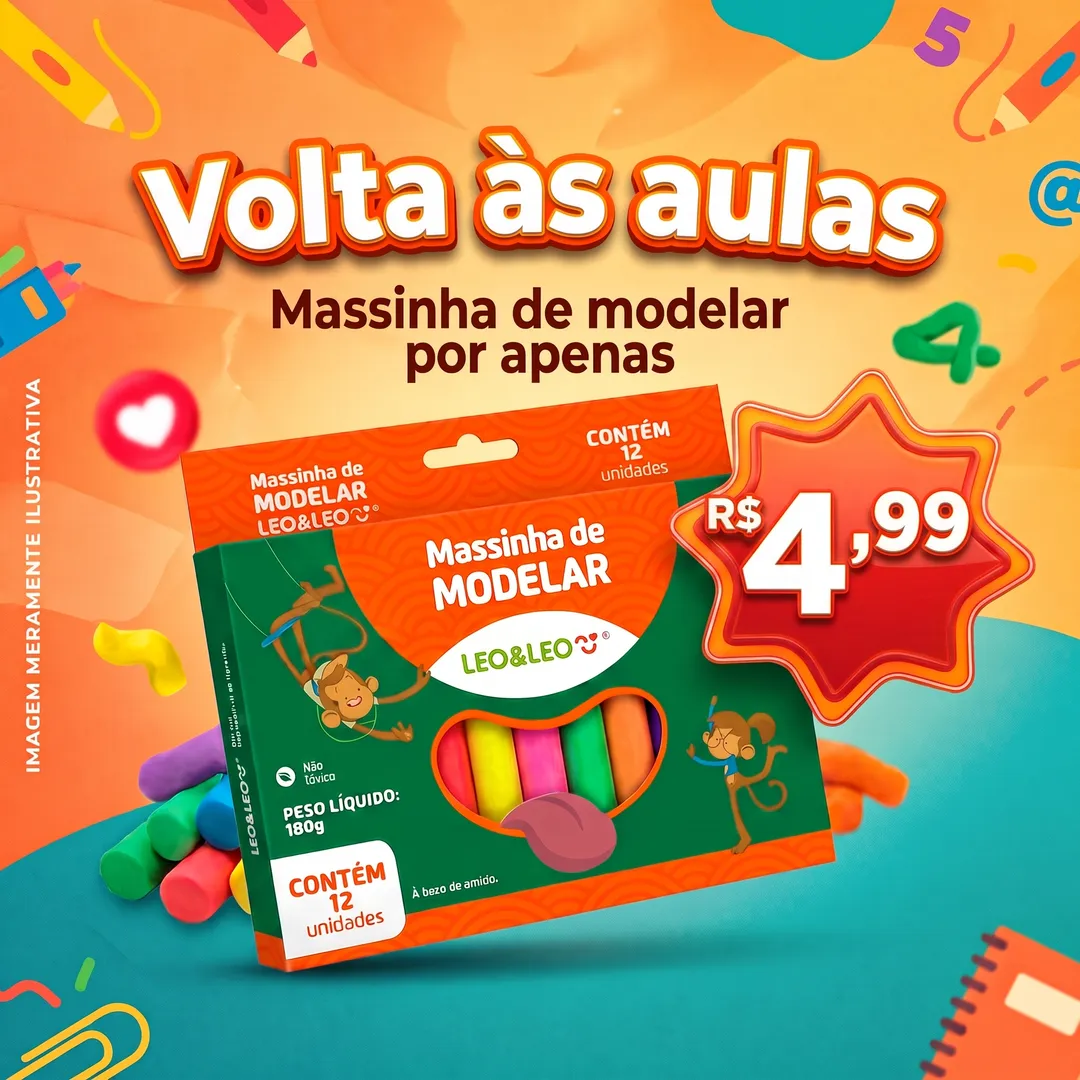 Arte de post quadrado criada pelo Chiqo: fundo laranja com material escolar, título 'Volta às aulas', a caixa de massinha de modelar em destaque e o preço R$ 4,99 num selo vermelho.